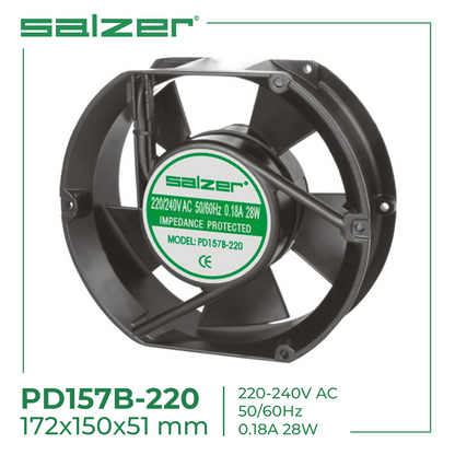 Salzer PD157B-220 Cooling Fan 172x150x51mm 220-240VAC 0.18A 28W Axial Ventilation Exhaust Aluminum