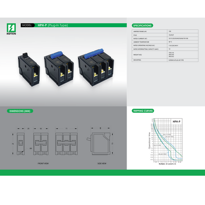 Koten HPH-P Plug-In MCCB Molded Case Circuit Breaker Plug In 2P 15 20 30 40 50 60 70 100 Ampere