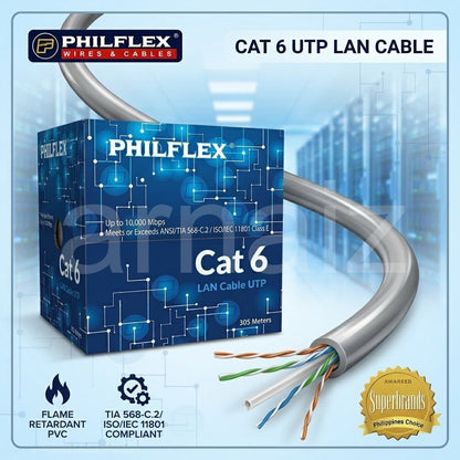 PHILFLEX Cat6 LAN Cable UTP 305 Meters High Speed 10Gbps Pure Copper Ethernet Flame Retardant PVC
