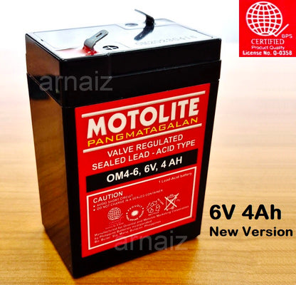 Motolite 6V 4Ah OM4-6 6 Volts 4 Ampere Rechargeable Sealed Lead Acid Battery 6v 4.5Ah Toy Car Batt