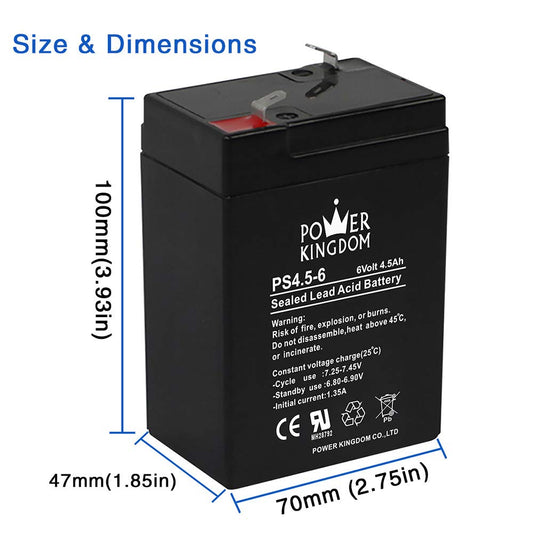 Power Kingdom 6V 4.5Ah PS4.5-6 6 Volts 4.5 Ampere Rechargeable Sealed Lead Acid Toy Car Battery