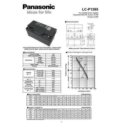 Panasonic 12V 65Ah SLA VRLA Rechargeable Battery LC-P1265NA Valve Regulated Sealed Lead-Acid Battery