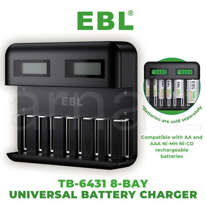 EBL TB-6431 8 Bay Universal Battery Charger With LCD Status Display For AA AAA C D Batteries 8 Slots