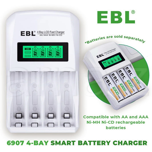 EBL 6907 4 Bay Smart Individual Battery Charger Quick Charging For AA AAA Ni-MH Ni-CD Batteries 907