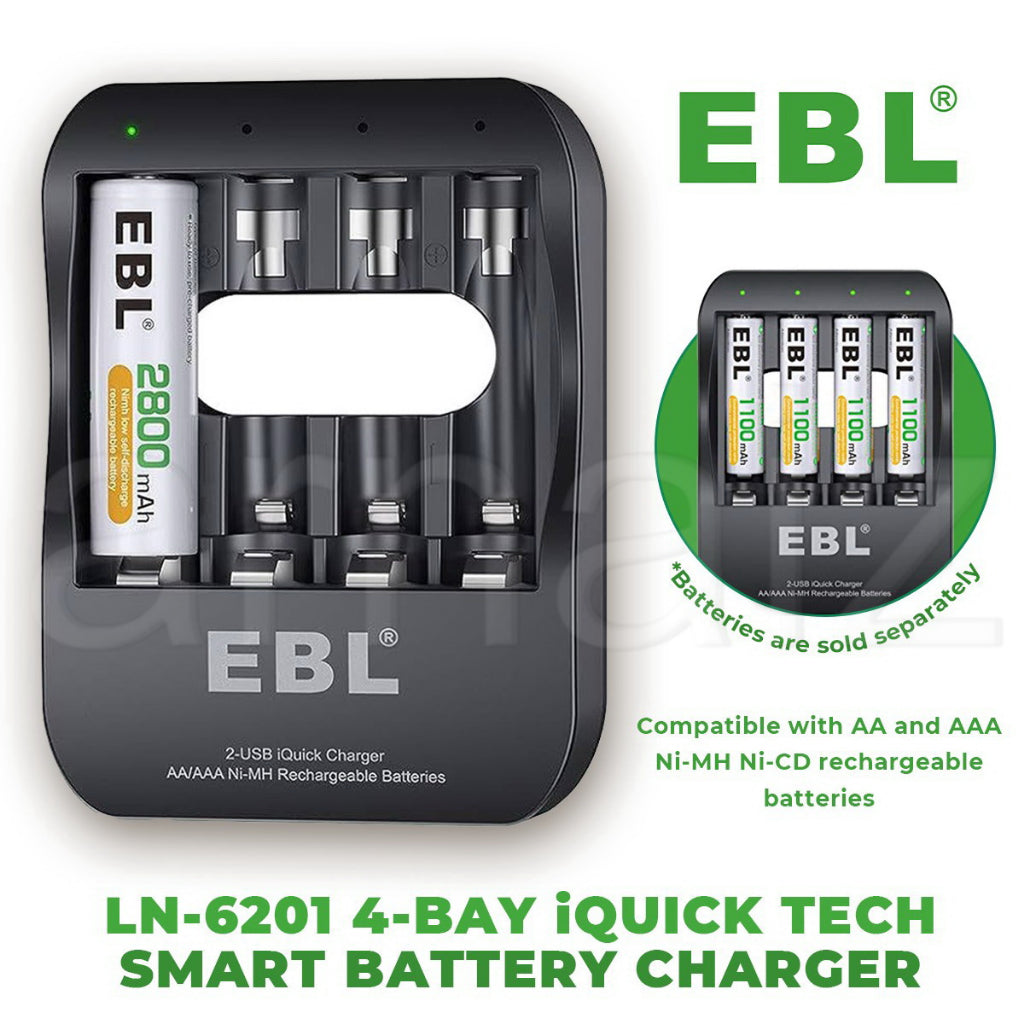 EBL LN-6201 4 Bay Quick Smart Battery Charger For AA AAA Ni-MH Ni-CD Batteries 4 Slots Fast Charging