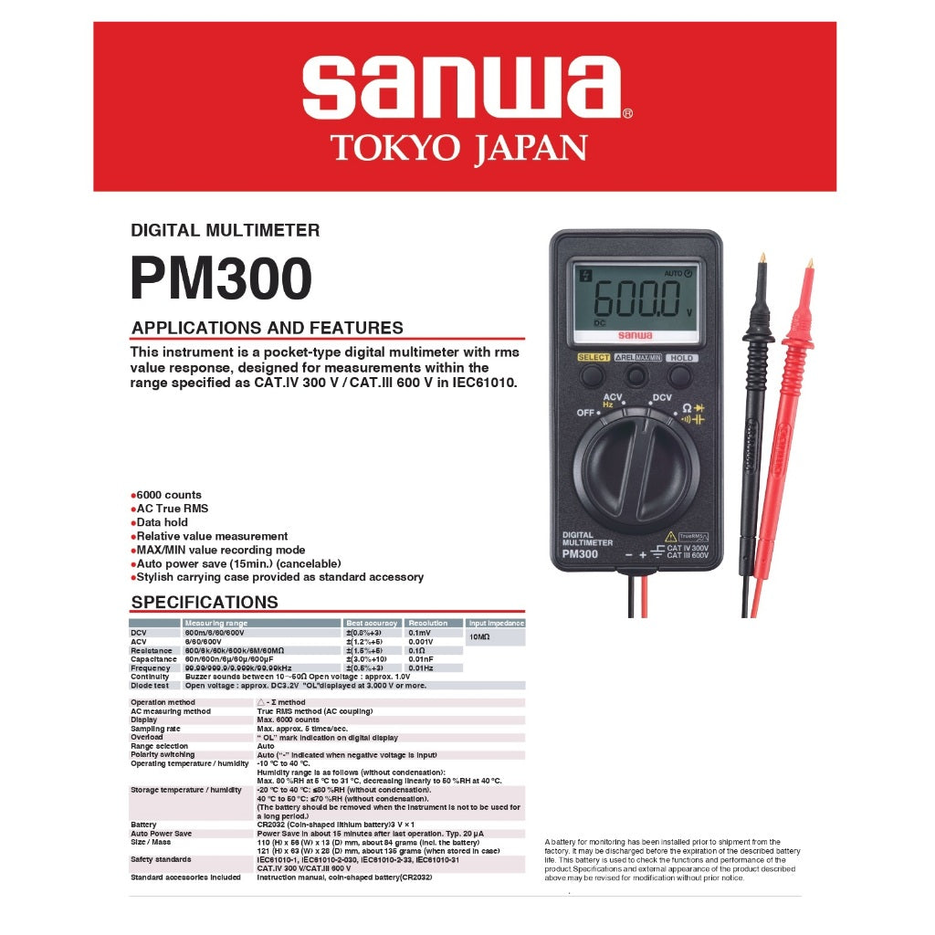 Sanwa PM300 True RMS Digital Multimeters Pocket Type Multimeter Tester