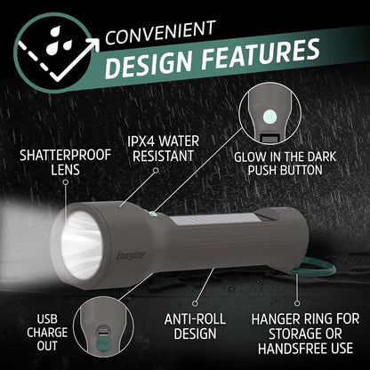 Energizer YSHH21 Hybrid Solar Handheld Flashlight Rechargeable LED Torch Light IPX4 Water Resistant