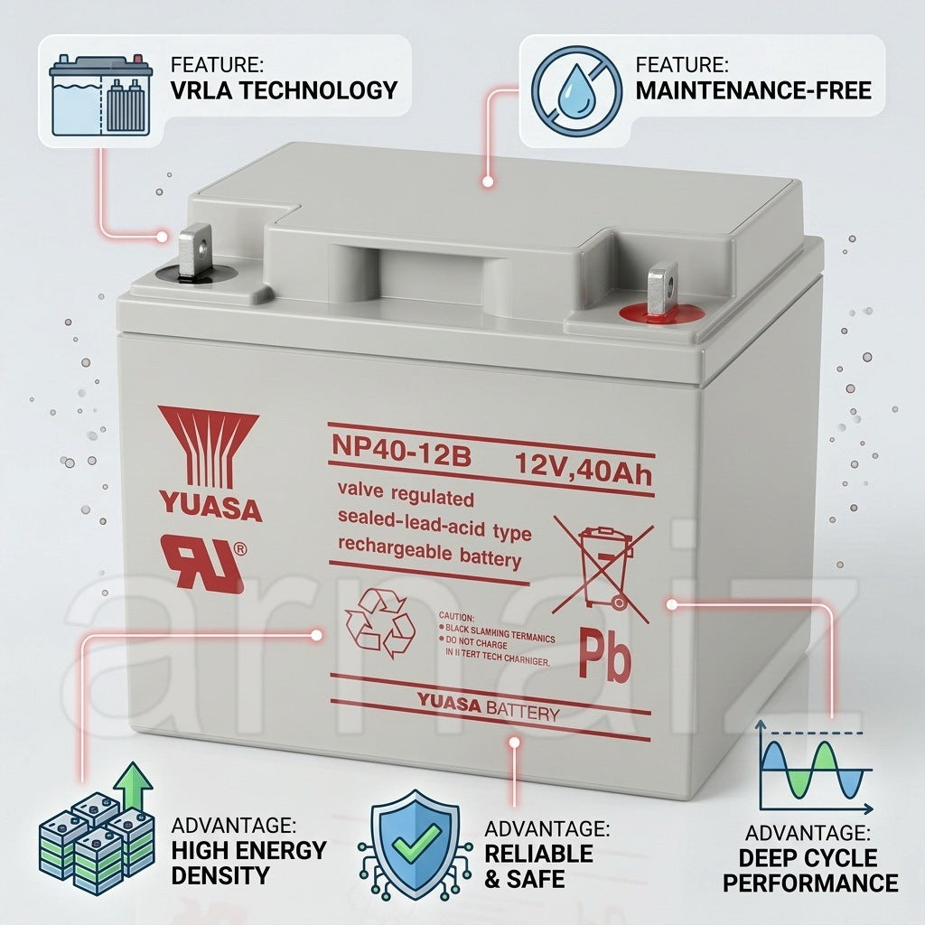 Yuasa 12V 40Ah SLA VRLA Rechargeable Battery NP40-12B Valve Regulated Sealed Lead-Acid NP40-12