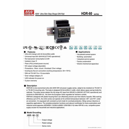 MEAN WELL HDR-60-24 Ultra Slim Step Shape 3SU DIN Rail 60W 24V Power Supply 24 Volt 60 Watt Meanwell