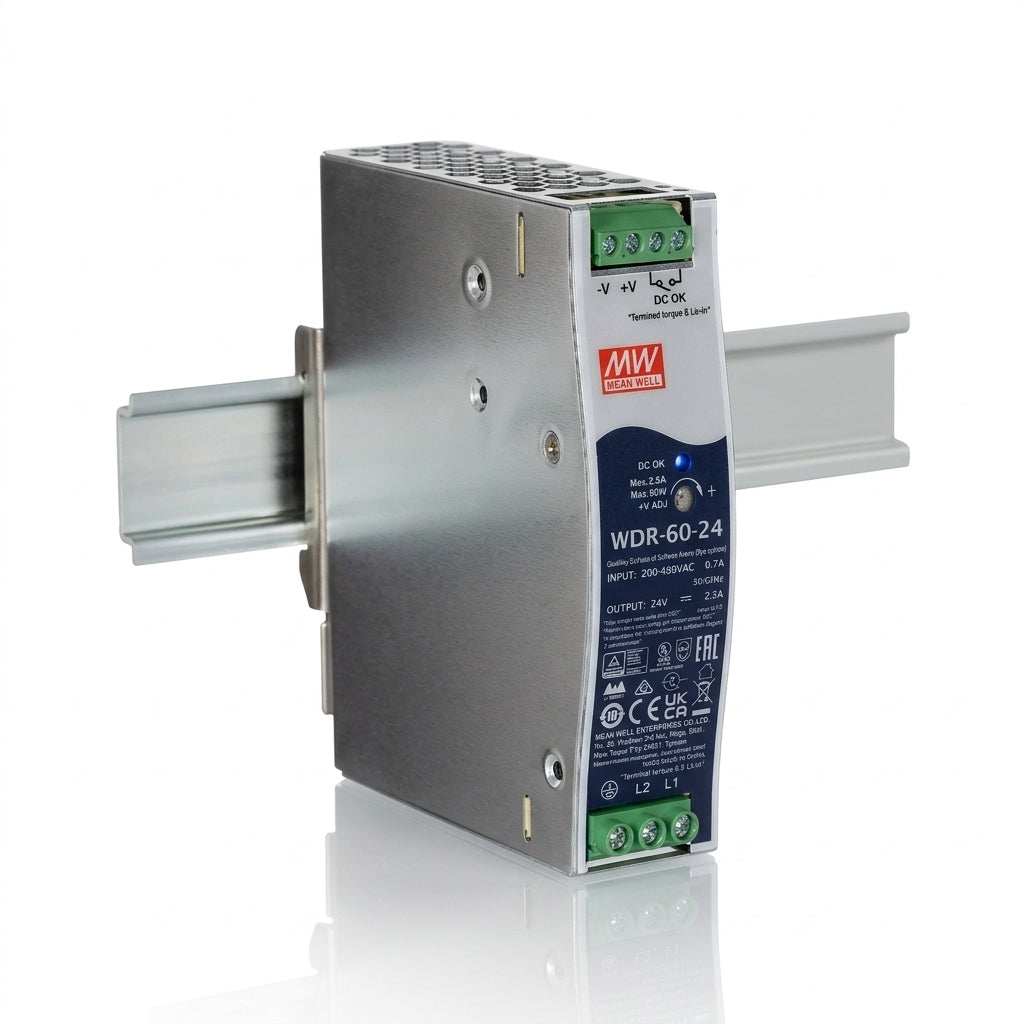 MEAN WELL WDR-60-24 Industrial DIN Rail Power Supply – 60W 24V DC 2.5A Ultra Wide Input Meanwell
