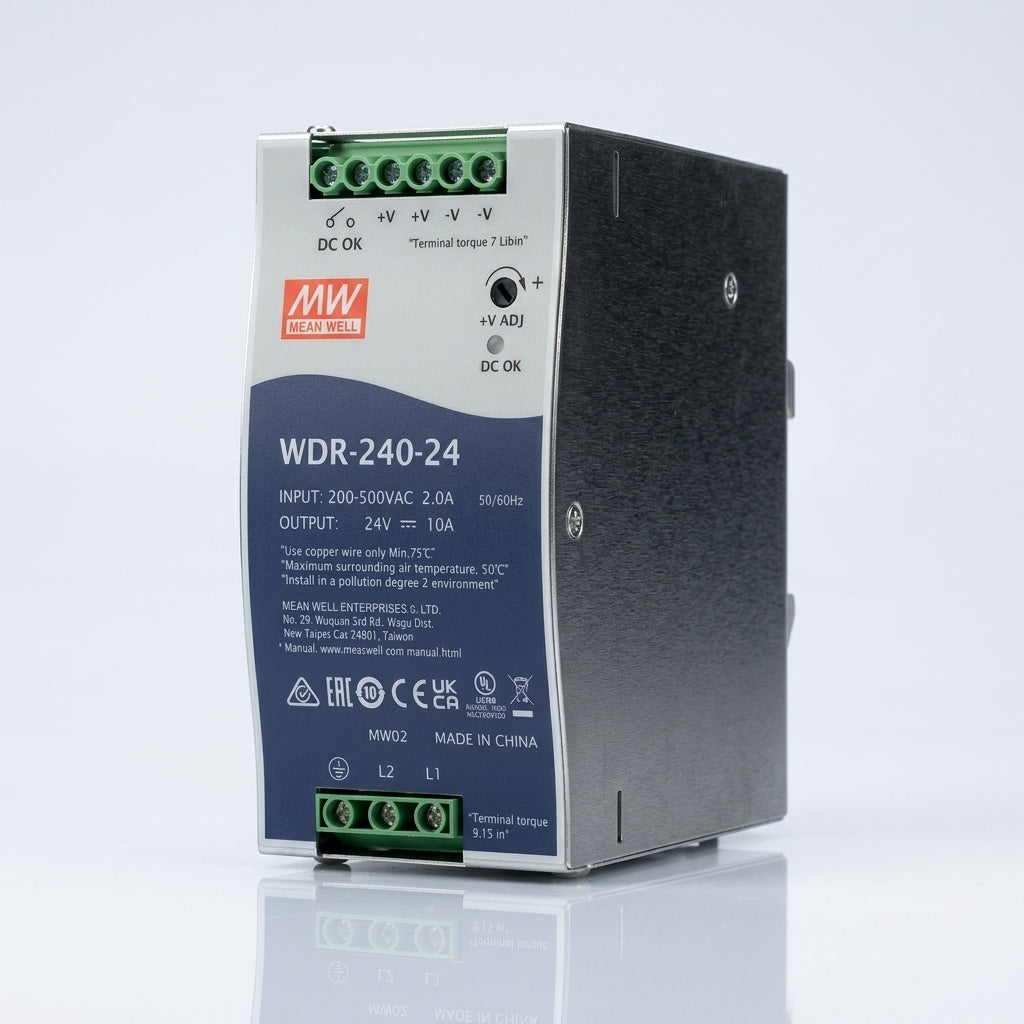 MEAN WELL WDR-240-24 Ultra-Wide Input 200–500VAC DIN Rail Power Supply 24VDC 10A 240W Meanwell