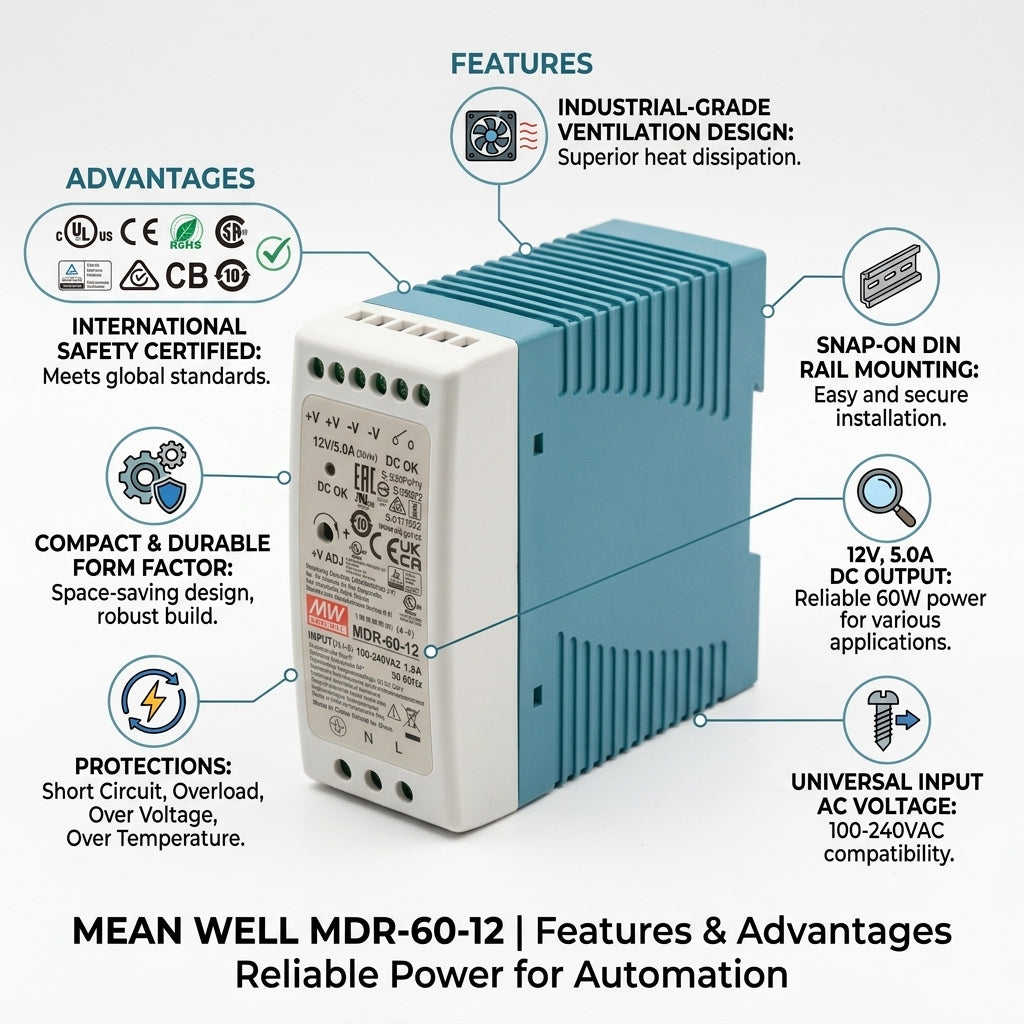 Mean Well MDR-60-12 Industrial DIN Rail Power Supply 12V DC 5A 60W Meanwell MDR-60 Series