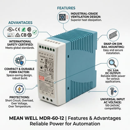 Mean Well MDR-60-12 Industrial DIN Rail Power Supply 12V DC 5A 60W Meanwell MDR-60 Series