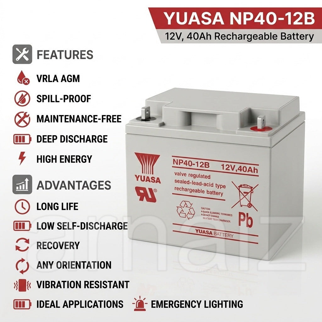 Yuasa 12V 40Ah SLA VRLA Rechargeable Battery NP40-12B Valve Regulated Sealed Lead-Acid NP40-12