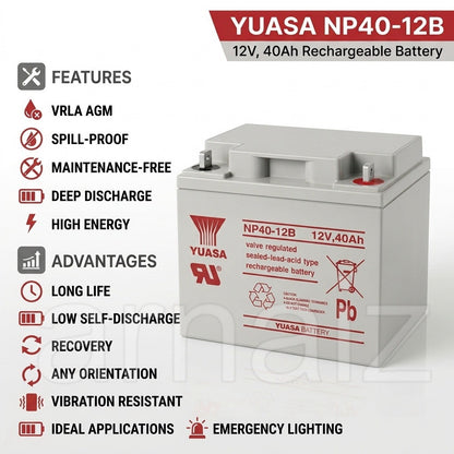 Yuasa 12V 40Ah SLA VRLA Rechargeable Battery NP40-12B Valve Regulated Sealed Lead-Acid NP40-12