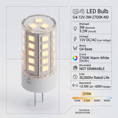 G4 LED Bulb 3W 12V Warm White 2700K NOT Dimmable Bi-Pin Lamp for Chandeliers Cabinets Corn Bulb