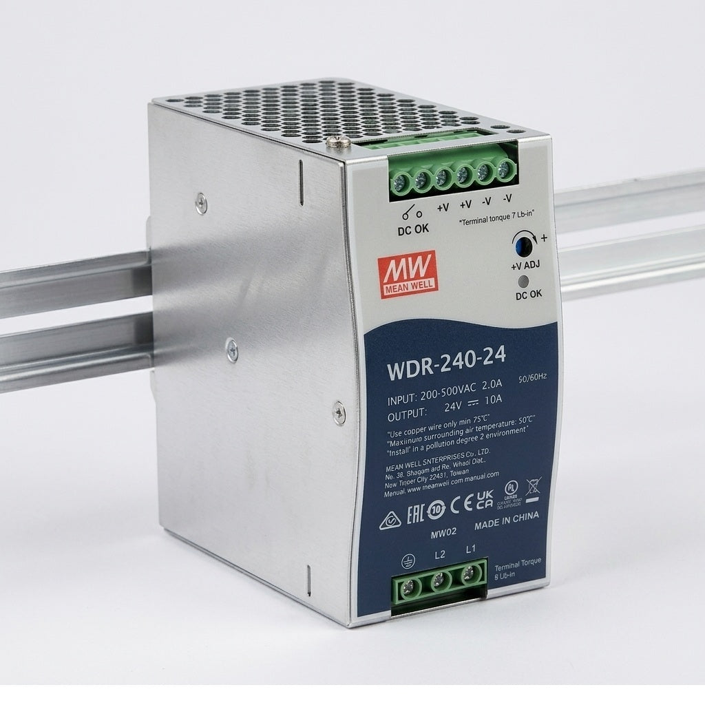 MEAN WELL WDR-240-24 Ultra-Wide Input 200–500VAC DIN Rail Power Supply 24VDC 10A 240W Meanwell