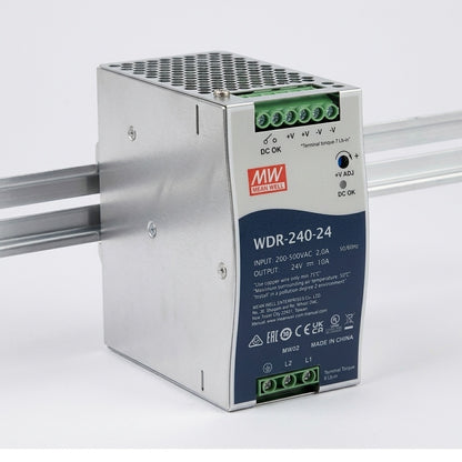 MEAN WELL WDR-240-24 Ultra-Wide Input 200–500VAC DIN Rail Power Supply 24VDC 10A 240W Meanwell