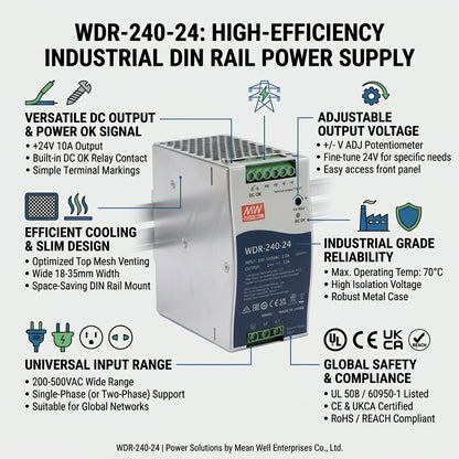 MEAN WELL WDR-240-24 Ultra-Wide Input 200–500VAC DIN Rail Power Supply 24VDC 10A 240W Meanwell
