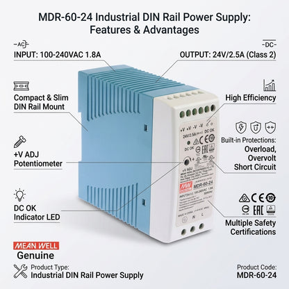 Mean Well MDR-60-24 Industrial DIN Rail Power Supply 24V DC 2.5A 60W Meanwell MDR-60 Series
