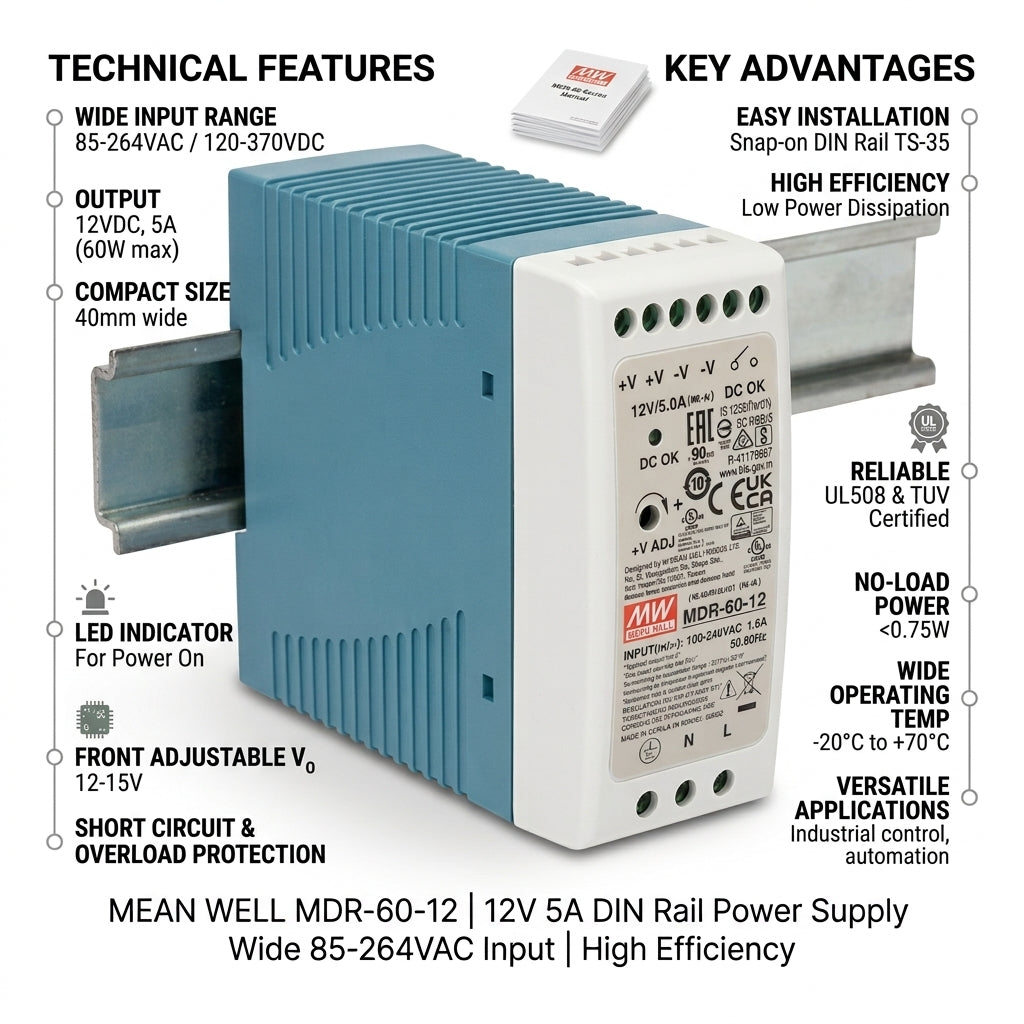 Mean Well MDR-60-12 Industrial DIN Rail Power Supply 12V DC 5A 60W Meanwell MDR-60 Series