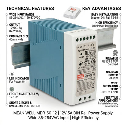 Mean Well MDR-60-12 Industrial DIN Rail Power Supply 12V DC 5A 60W Meanwell MDR-60 Series