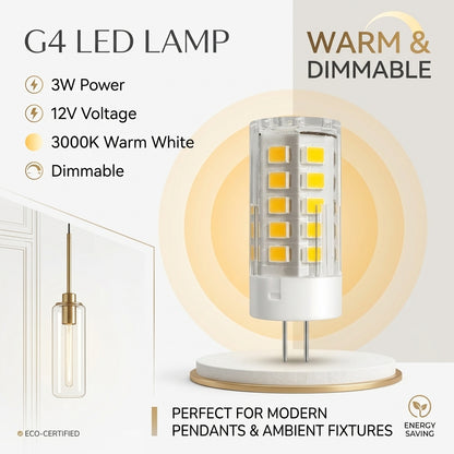 G4 LED Bulb 3W 12V Warm White 3000K Dimmable High Efficiency Bi-Pin Lamp for Chandeliers Cabinets
