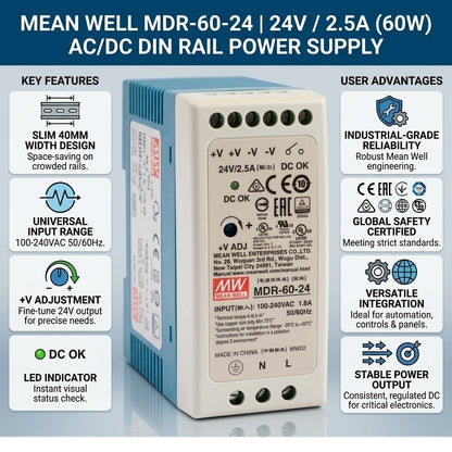 Mean Well MDR-60-24 Industrial DIN Rail Power Supply 24V DC 2.5A 60W Meanwell MDR-60 Series