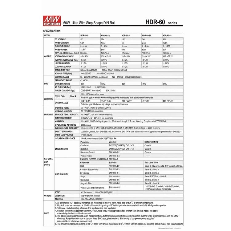MEAN WELL HDR-60-24 Ultra Slim Step Shape 3SU DIN Rail 60W 24V Power Supply 24 Volt 60 Watt Meanwell