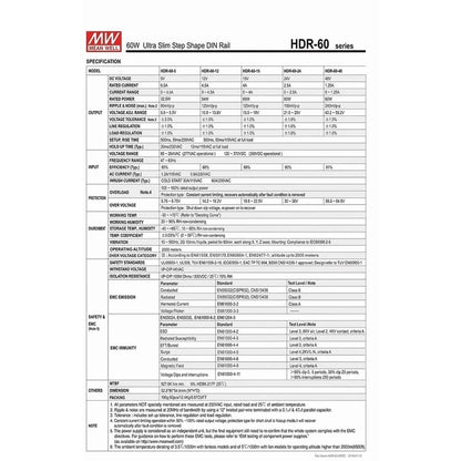 MEAN WELL HDR-60-24 Ultra Slim Step Shape 3SU DIN Rail 60W 24V Power Supply 24 Volt 60 Watt Meanwell