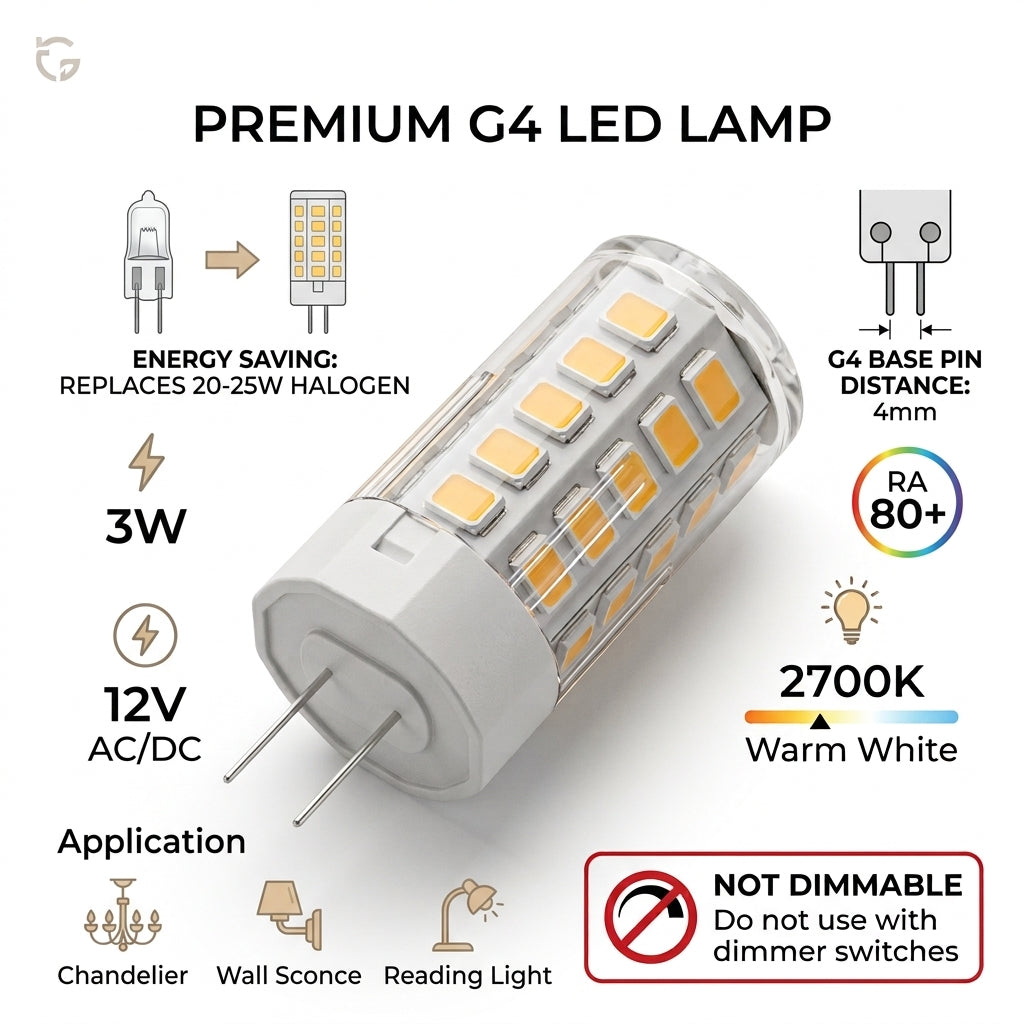 G4 LED Bulb 3W 12V Warm White 2700K NOT Dimmable Bi-Pin Lamp for Chandeliers Cabinets Corn Bulb