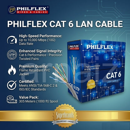 PHILFLEX Cat6 LAN Cable UTP 305 Meters High Speed 10Gbps Pure Copper Ethernet Flame Retardant PVC