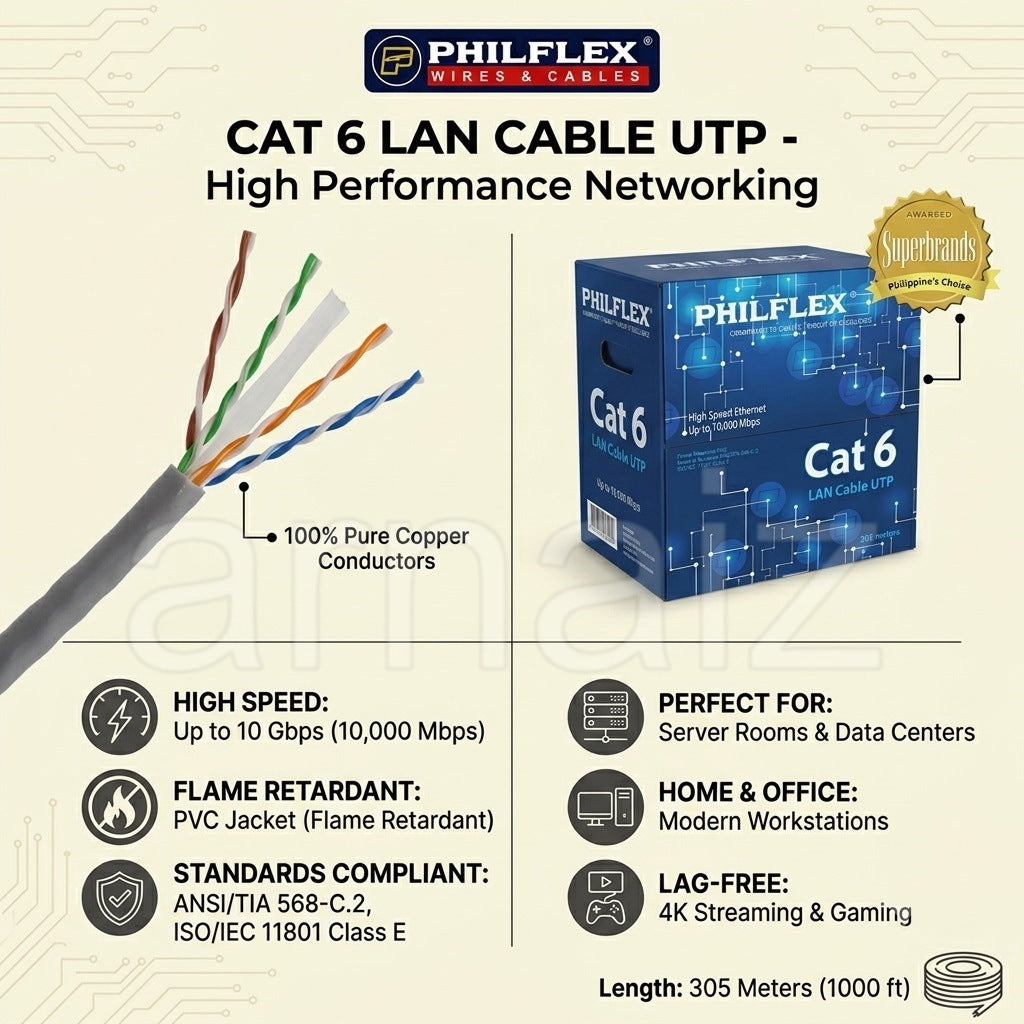 PHILFLEX Cat6 LAN Cable UTP 305 Meters High Speed 10Gbps Pure Copper Ethernet Flame Retardant PVC