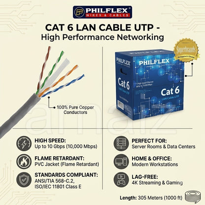 PHILFLEX Cat6 LAN Cable UTP 305 Meters High Speed 10Gbps Pure Copper Ethernet Flame Retardant PVC