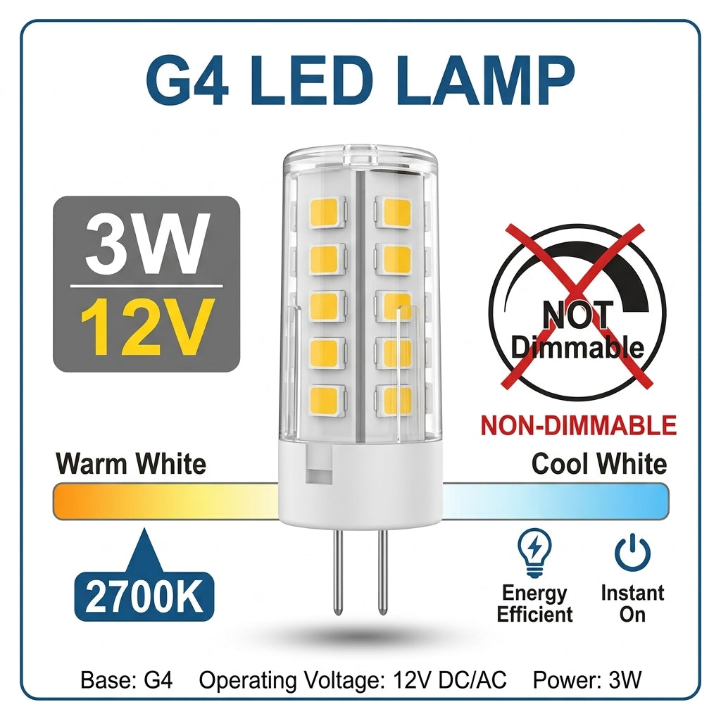 G4 LED Bulb 3W 12V Warm White 2700K NOT Dimmable Bi-Pin Lamp for Chandeliers Cabinets Corn Bulb