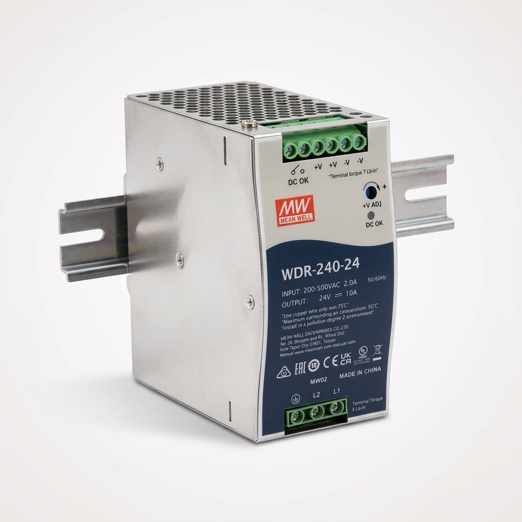 MEAN WELL WDR-240-24 Ultra-Wide Input 200–500VAC DIN Rail Power Supply 24VDC 10A 240W Meanwell