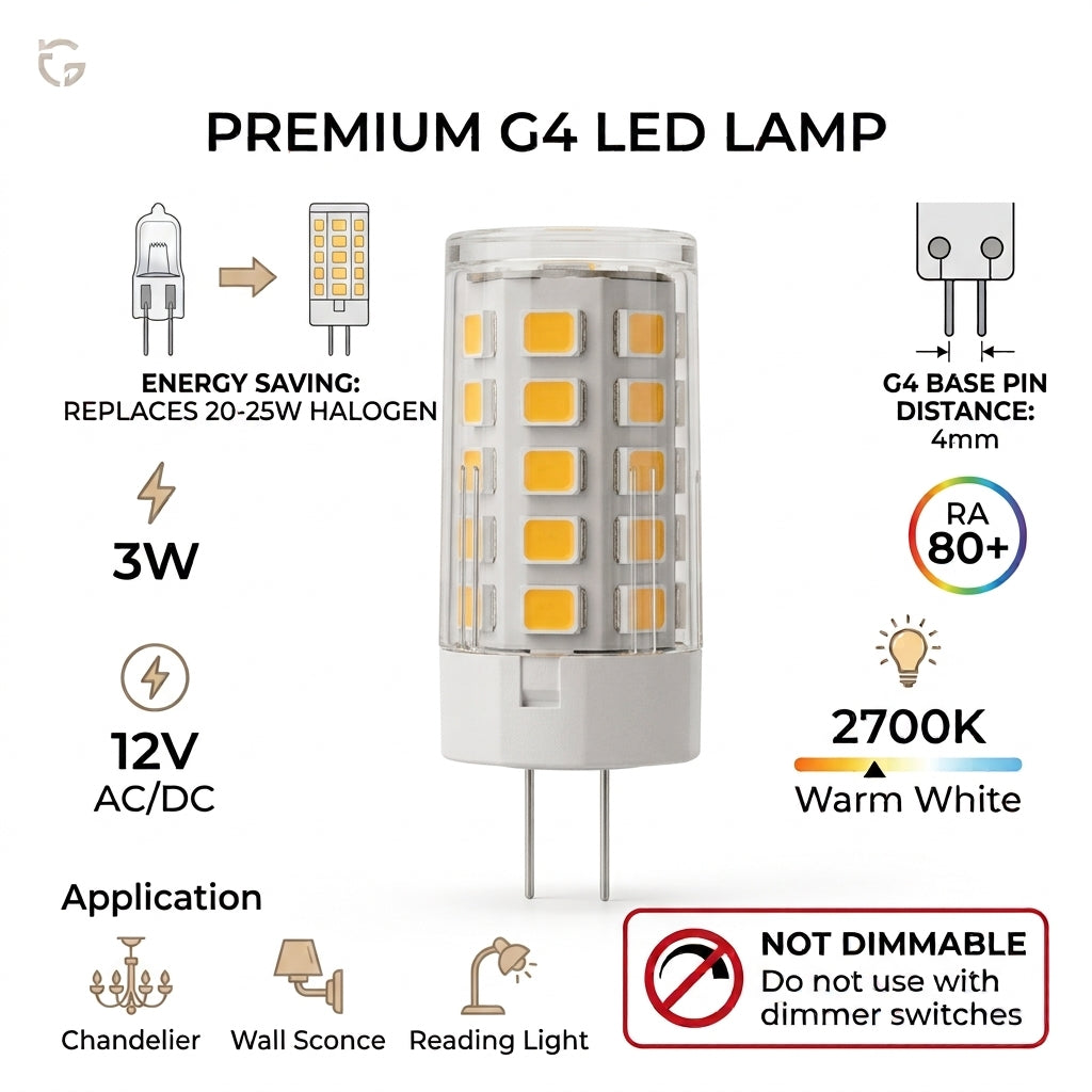 G4 LED Bulb 3W 12V Warm White 2700K NOT Dimmable Bi-Pin Lamp for Chandeliers Cabinets Corn Bulb