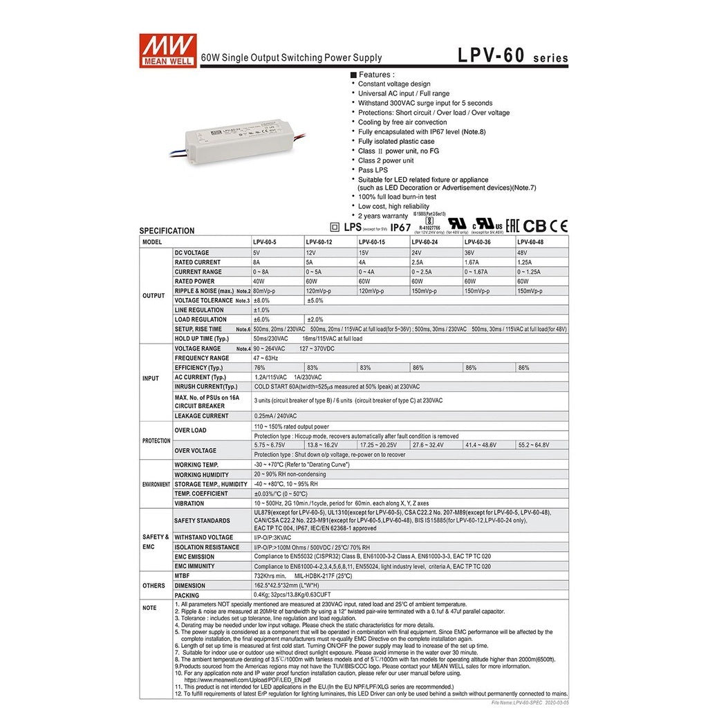Mean Well LPV-60-24 Led Driver 60W 24V Single Output Switching Power Supply Meanwell 60 Watt 24 Volt