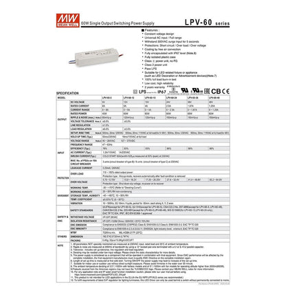 Mean Well LPV-60-24 Led Driver 60W 24V Single Output Switching Power Supply Meanwell 60 Watt 24 Volt
