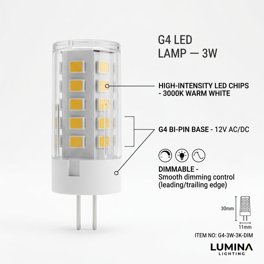 G4 LED Bulb 3W 12V Warm White 3000K Dimmable High Efficiency Bi-Pin Lamp for Chandeliers Cabinets