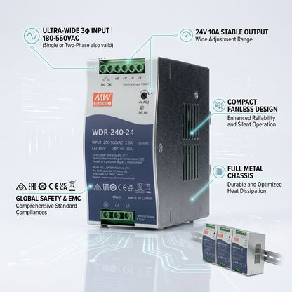 MEAN WELL WDR-240-24 Ultra-Wide Input 200–500VAC DIN Rail Power Supply 24VDC 10A 240W Meanwell