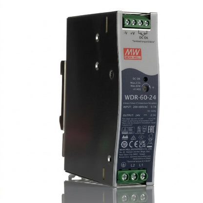 MEAN WELL WDR-60-24 Industrial DIN Rail Power Supply – 60W 24V DC 2.5A Ultra Wide Input Meanwell
