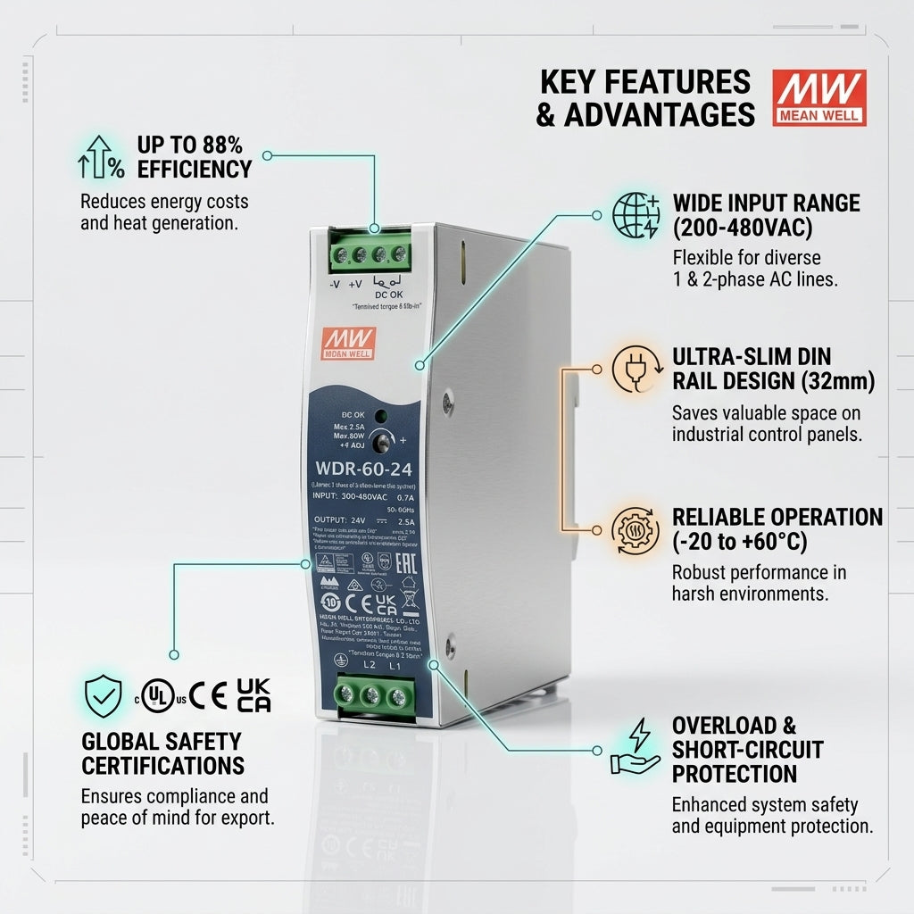 MEAN WELL WDR-60-24 Industrial DIN Rail Power Supply – 60W 24V DC 2.5A Ultra Wide Input Meanwell