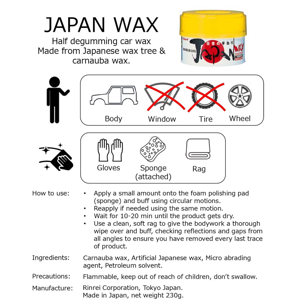 Rinrei Japan Wax 230g Strongly Repels Rain Waterproof Effect With Double and  Carnauba  Wax Gloss Up