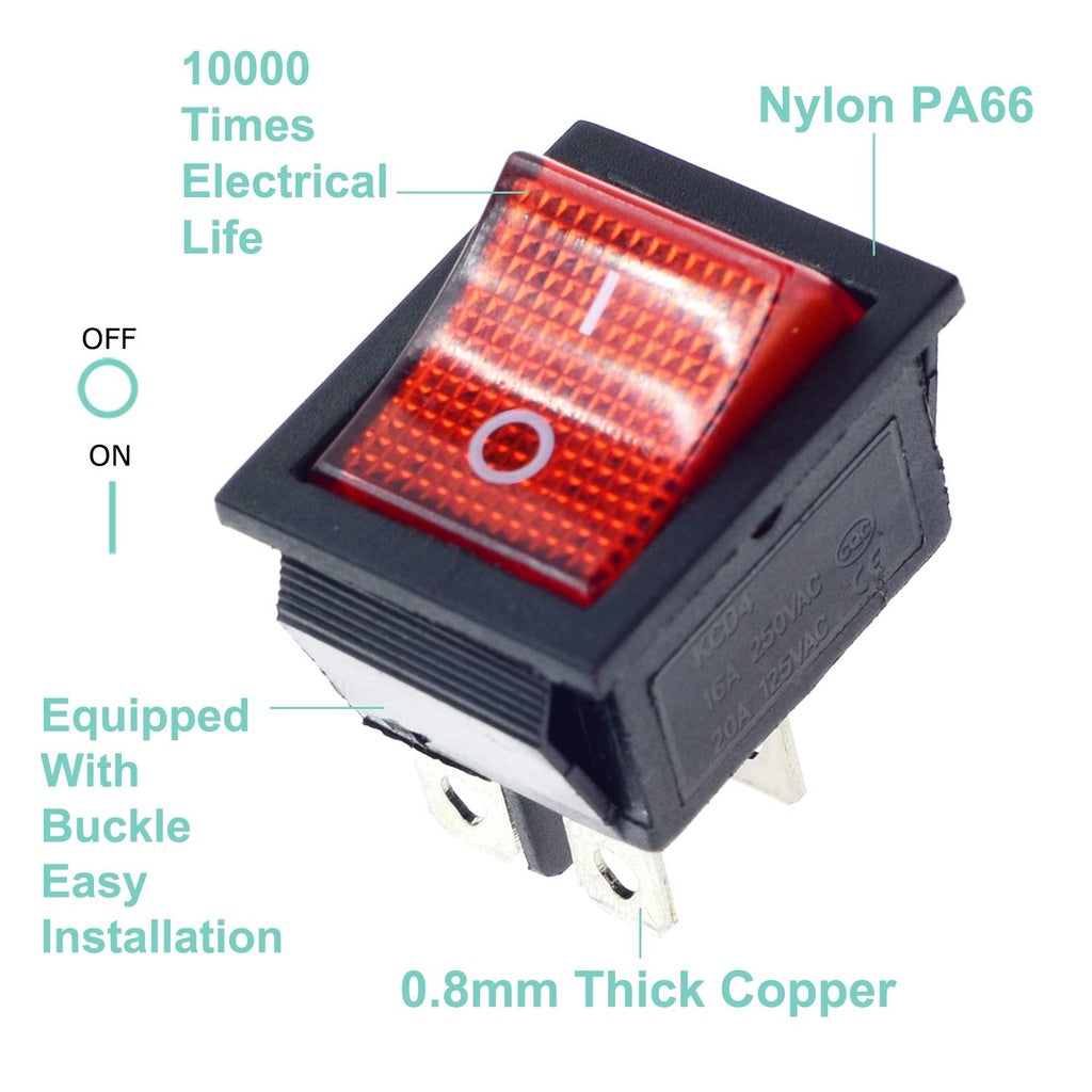 Rocker Switch DPST 4 Pins 2 Position ON Off Boat Toggle Switch Red LED Illuminated 16A 250V 20A 125V