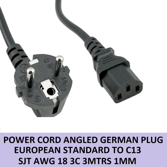 Power Cord Angled German Plug European Standard To C13 SJT AWG18 3C 3m 3meters 1mm Black Wire CEE7/7