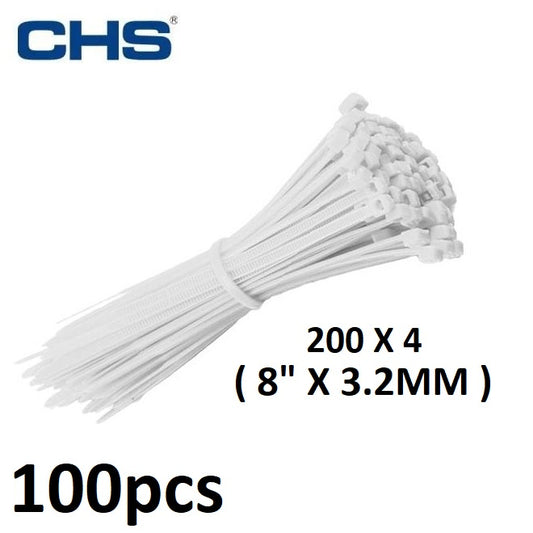 CHS Cable Tie 200 X4 (8"X3.2MM)100pcs White Nylon Cable Zip Ties Straps for Bike Car Cord Management