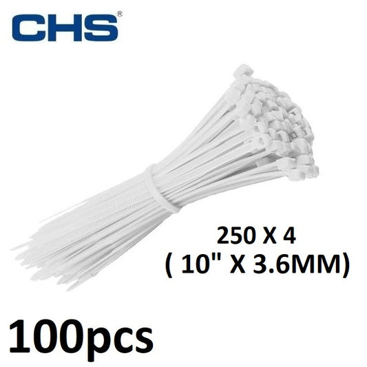 CHS Cable Tie 250 X4 (10"X3.6MM)100pcs White Nylon Cable Zip Tie Straps for Bike Car Cord Management