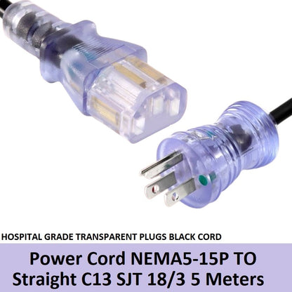 Power Cord NEMA5-15P To Straight C13 18/3 5M Hospital Grade Transparent Plugs Black Cord 5 Meters