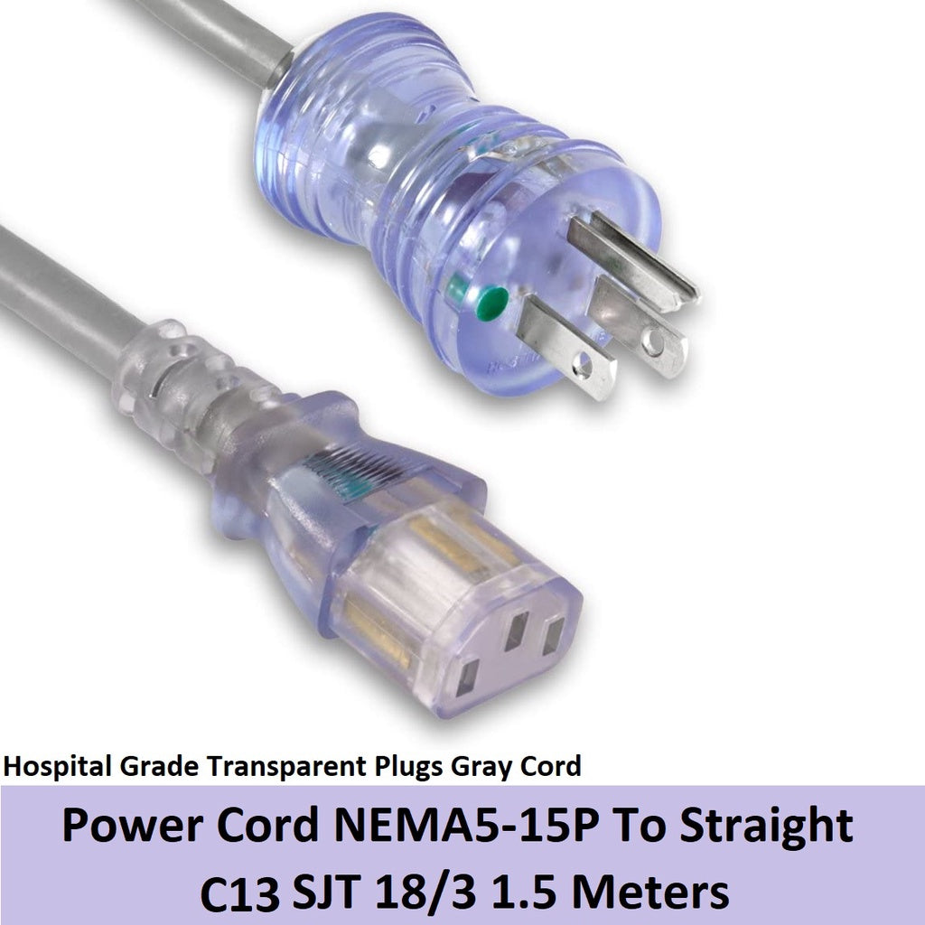 Hospital Grade Power Cord NEMA5 15P TO C13 AWG18 1.5 Meters NEMA5-15 Transparent Plug Gray Cord 1.5m